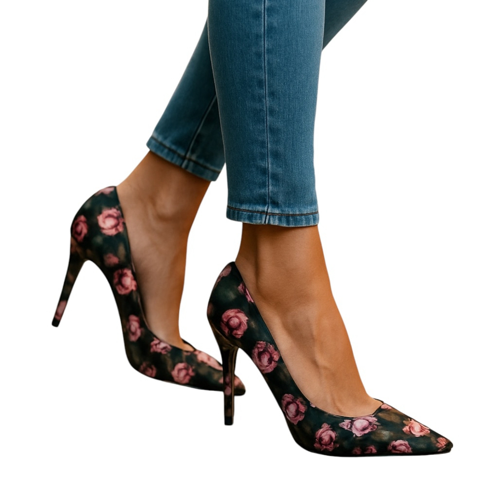 Christian Siriano Payless Pump Heels Womens 9 Black Floral Pointed Toe Slip On